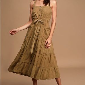 Free People Tan Button Front Tiered Midi Dress